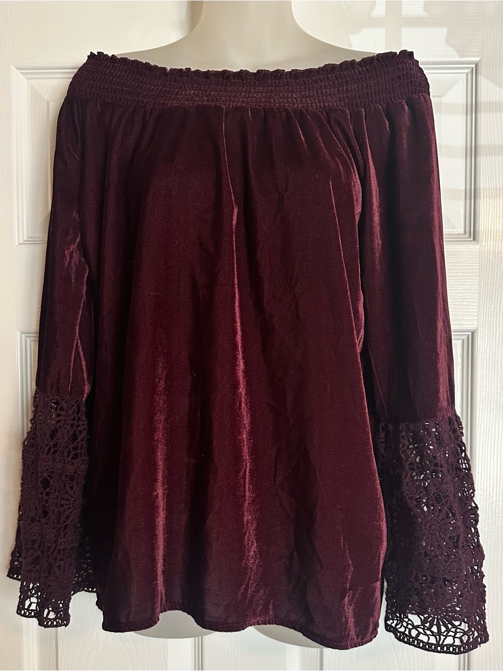 Off-Shoulder Velvet Tunic with Crochet Bell Sleeves - Deep Wine